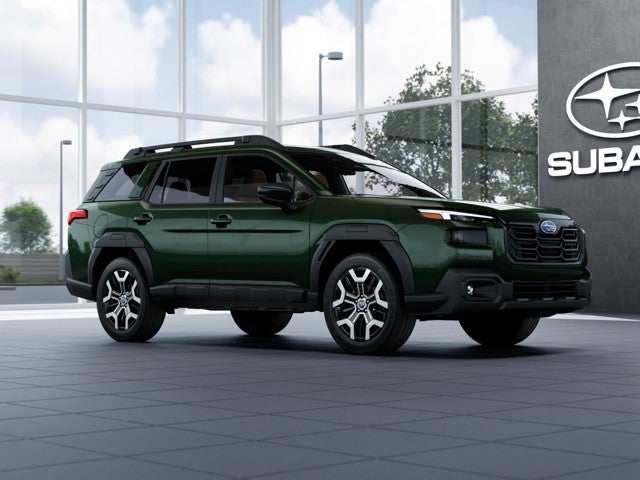 2026 Subaru OUTBACK Touring XT in Deep Emerald Green Pearl — front three-quarter view